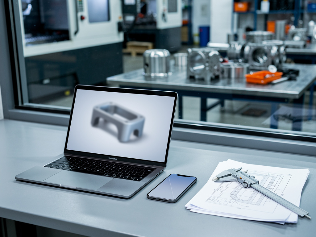 A tidy shop office desk with a laptop showing a blurred 3D part model, a phone, printed drawings and calipers, the shop