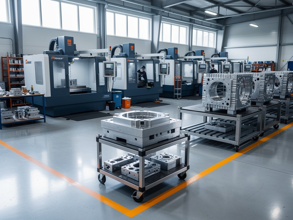 Wide shot of the shop floor with CNC machining centers, a die on a cart and an orange safety line on the gray floor.