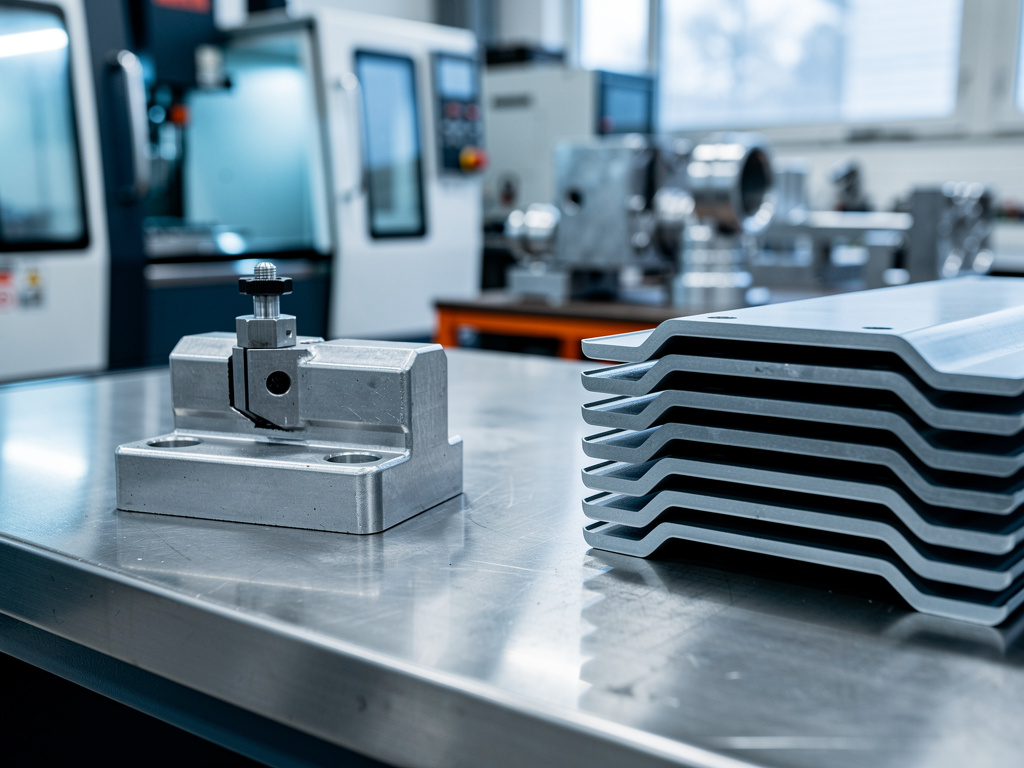 Close-up of a cutting and drawing die set next to a stack of formed sheet-metal parts.
