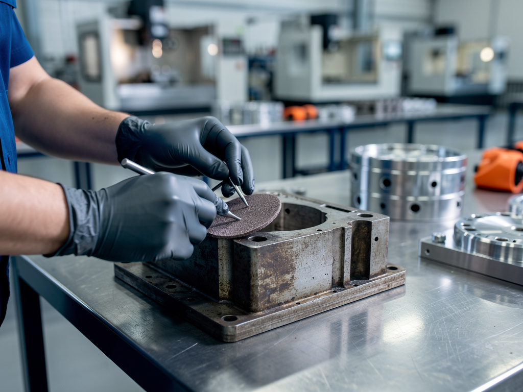 Gloved hands polishing a worn mold cavity with fine abrasive tools on a steel bench.