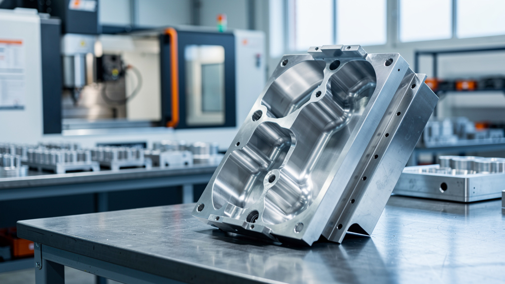 A large open injection mold half on a steel bench, polished cavities catching cool light, a CNC machine softly out of fo